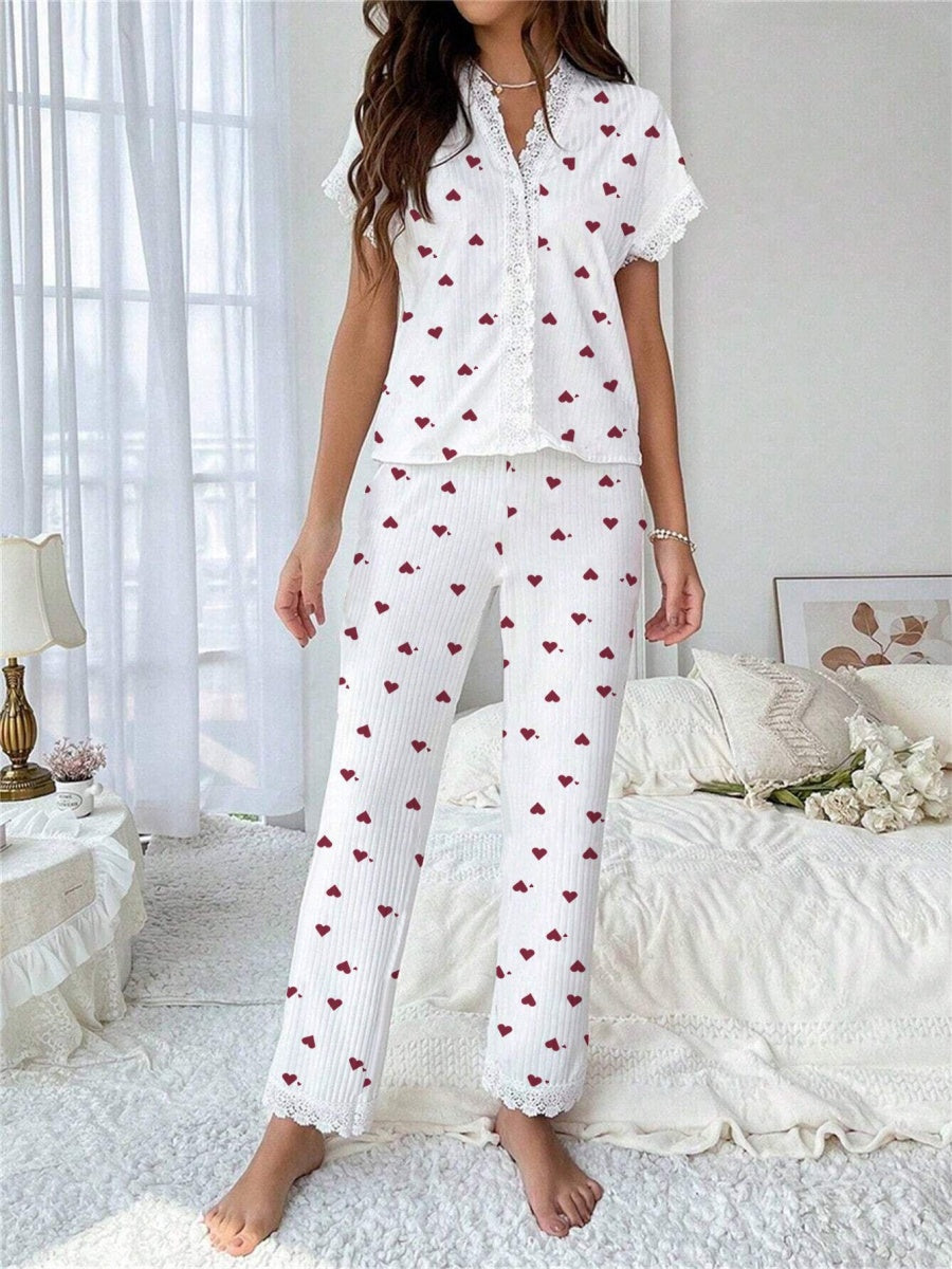 Cherry Print Water-soluble Embroidered Trim Short-sleeved Trousers Set That Can Be Worn As Loungewear
