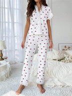 Cherry Print Water-soluble Embroidered Trim Short-sleeved Trousers Set That Can Be Worn As Loungewear