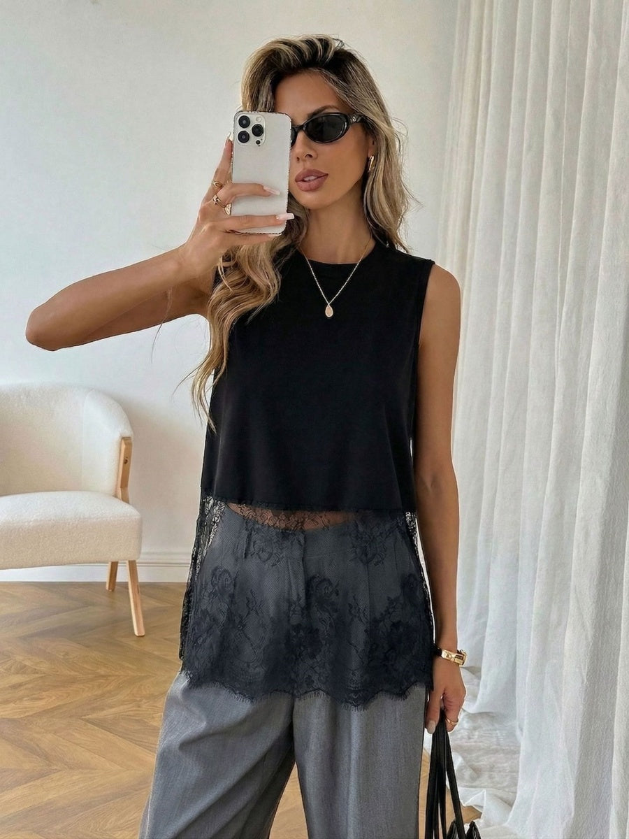 Black Sleeveless Lace Splicing Tank Tops