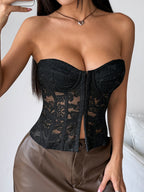 Lace Patchwork See-through Fishbone Strap Strapless Vest