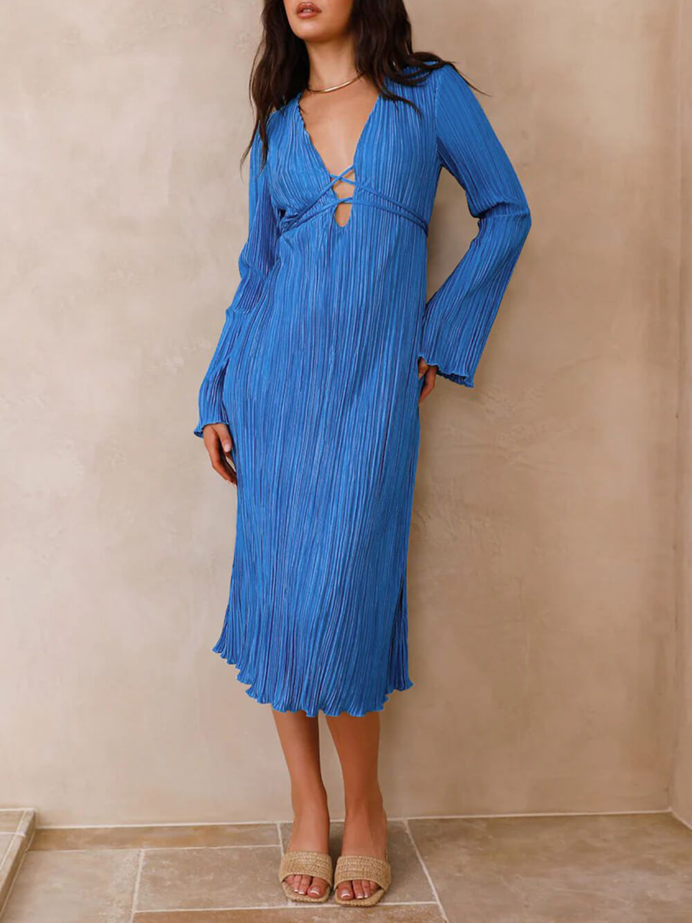 Lace-Up Plunging V-Neck Pleated Long Sleeve Empire Midi Dress