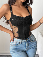 Lace Trim Splicing Perspective Button-down Bra