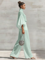 Chiffon Stand-up Collar Puff Sleeve High-waisted Draped Wide-leg Pants Two-piece Set