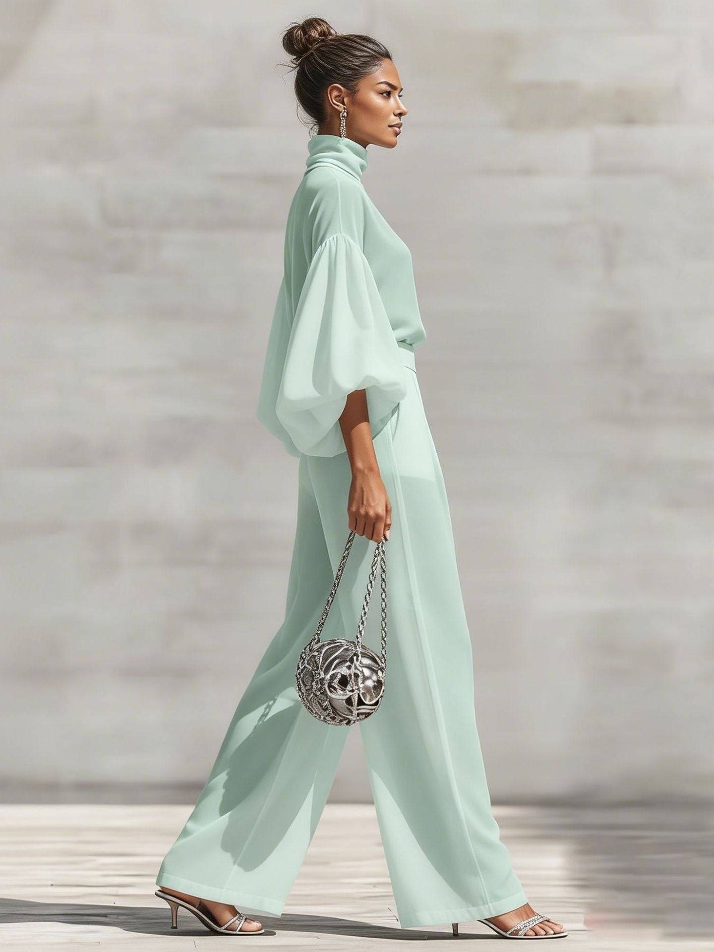 Chiffon Stand-up Collar Puff Sleeve High-waisted Draped Wide-leg Pants Two-piece Set