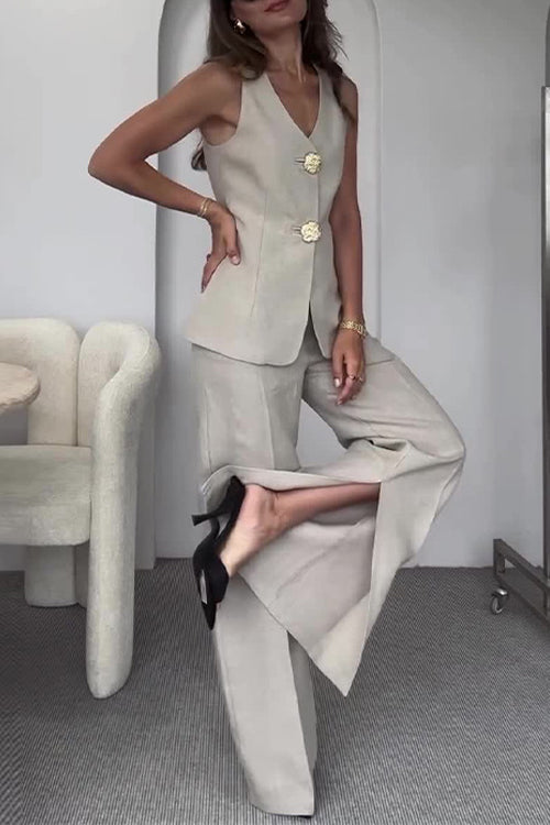 V Neck Button Up Vest Top and Slit Wide Leg Pants Linen Suit Set