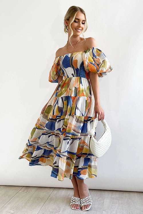 Off Shoulder Smocked Tiered Abstract Circle Print Maxi Dress
