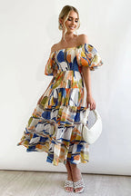 Off Shoulder Smocked Tiered Abstract Circle Print Maxi Dress