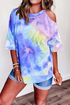 Cold Shoulder Short Sleeve Tie Dye T-shirt