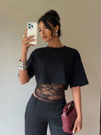 Layered-look Lace Splicing Slim-fit Hollow Sexy Short Sleeve T-shirts