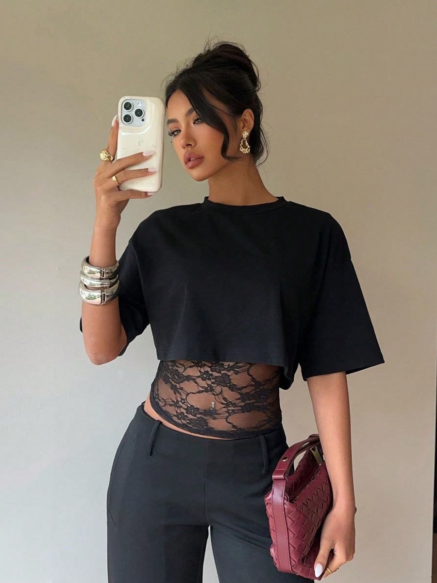 Layered-look Lace Splicing Slim-fit Hollow Sexy Short Sleeve T-shirts