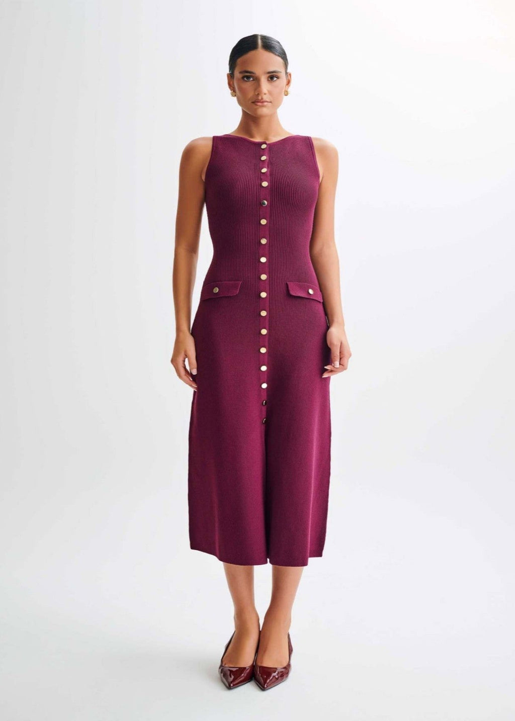 Rib Knit Sleeveless Button Front Flap Pocket Midi Dress
