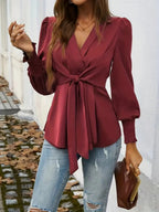 V-neck Tie-waist Solid Color T-shirt