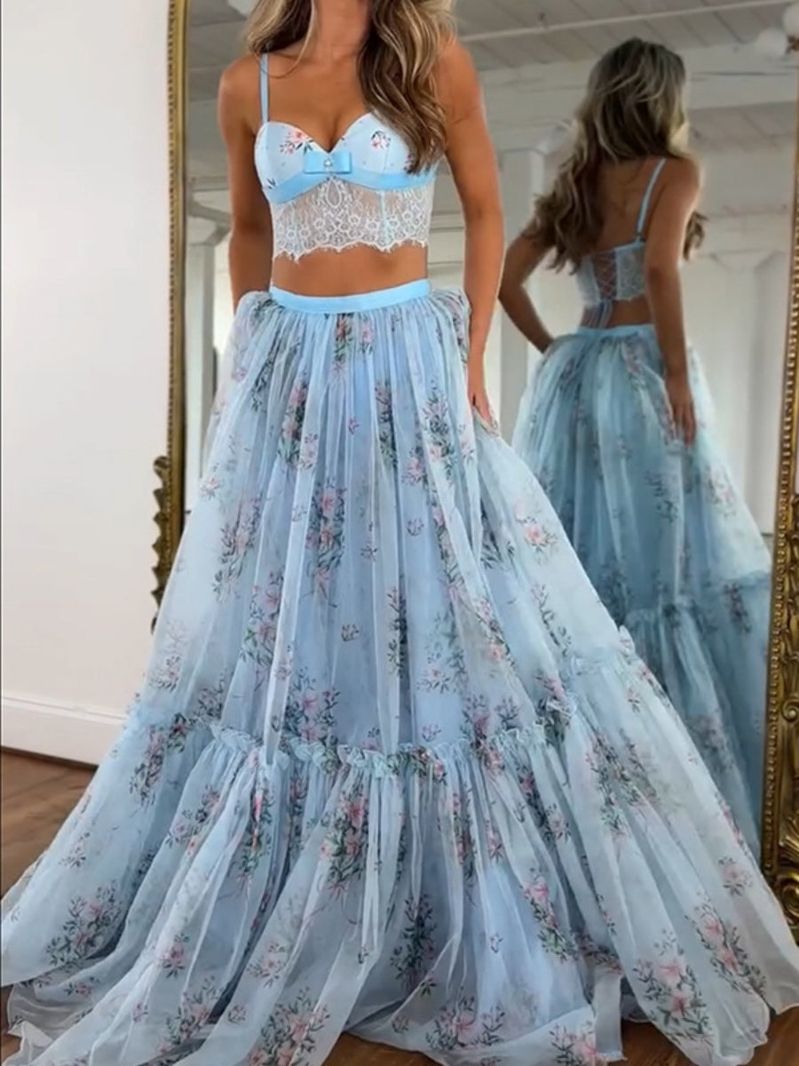 Floral Chiffon Elegant Midi Skirt Halter Neck Strap Set 2-piece Sets