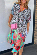 Short Sleeves Side Slit Leopard Splice Printed Midi Dress