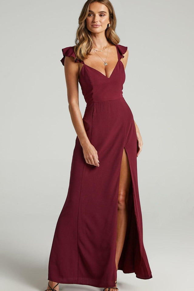 Deep V-Neck Ruffle Strap Thigh Slit Floor Length Maxi Dress