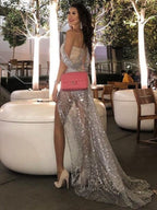 Strapless One-shoulder Sequined Sexy Party Dress Floor-length Gown
