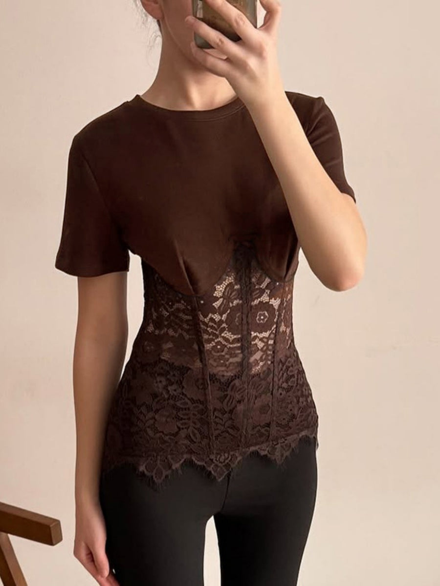 Lace Splicing Fish Bones Perspective T-shirts