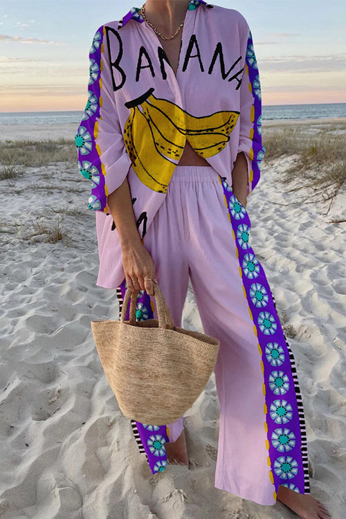 Banana Print Long Sleeves Blouse Shirt Wide Leg Pants Resort Wear Set