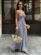 Stripes Color-blocked Splicing V-neck Hollow Maxi Dresses