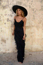 V-neck Ruffle Slit Maxi Dresses