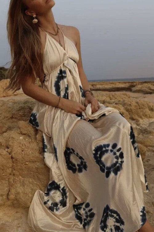 Halter V Neck Open Back Printed Swing Maxi Vacation Dress
