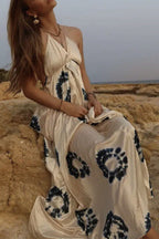 Halter V Neck Open Back Printed Swing Maxi Vacation Dress