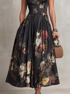 Chinese Collar Chinese Knot Hollow Sleeveless Black Midi Dresses