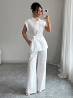 Lapel Sleeveless Kink Shirts Wide-leg Pants Business Suit 2-piece Sets