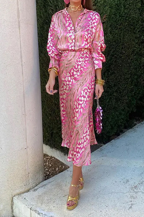 Printed Long Sleeves Button Up Shirt High Waist Midi Skirt Set