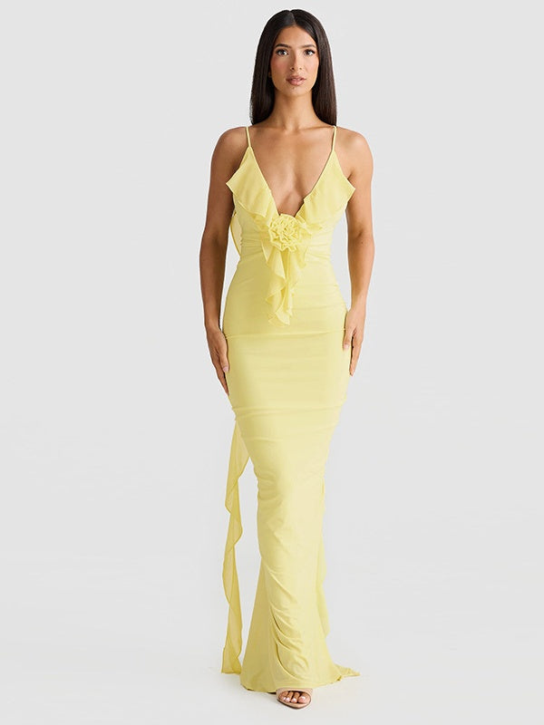 V-neck, Backless, Fitted, Fishtail Maxi Dress