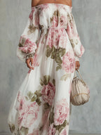 Off Shoulder Balloon Sleeve All-over Print Maxi Dresses