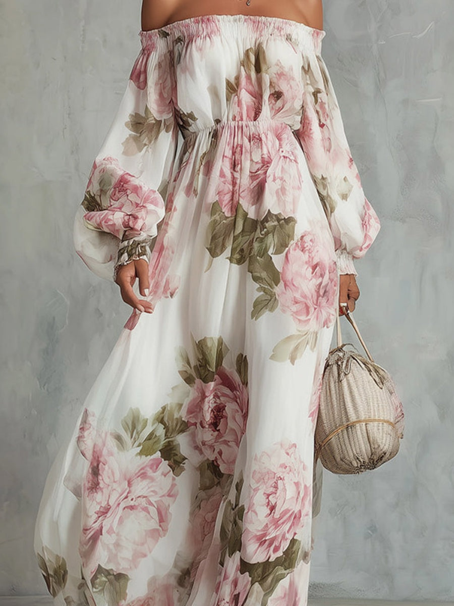 Off Shoulder Balloon Sleeve All-over Print Maxi Dresses