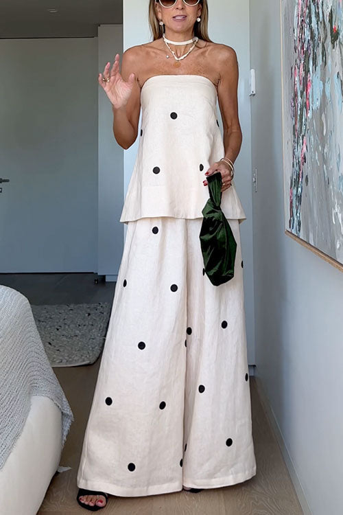 Polka Dot Strapless Top and Wide Leg Palazzo Pants Set
