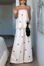 Polka Dot Strapless Top and Wide Leg Palazzo Pants Set
