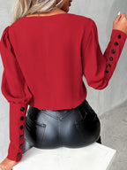 V-neck Solid Color Long-sleeved Button-down Women's Shirt