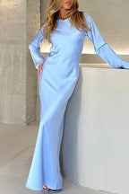 Round Neck Long Sleeves Satin Maxi Party Dress