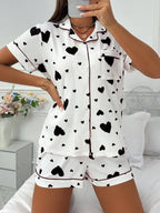 Heart-print Cardigan With Collar And Button-down Short Sleeves And Shorts, Two-piece Loungewear Set