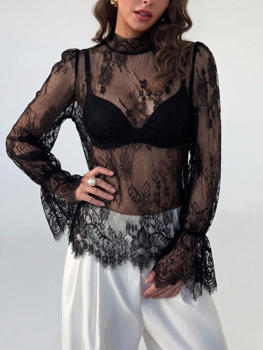 Lace Trim Long Sleeve Base Layer Mesh&Sheer Tops