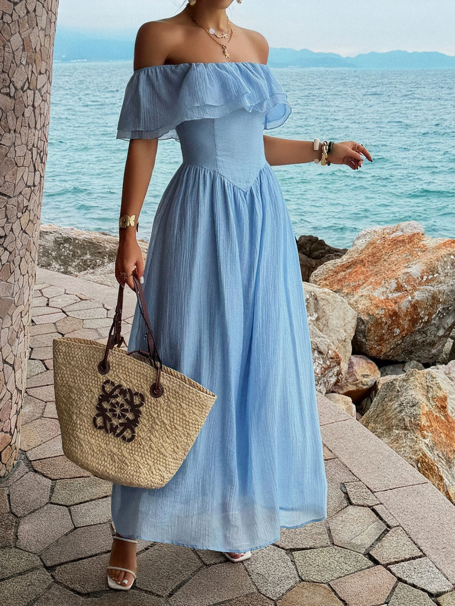 Blue Resort-style Strapless Off-shoulder Long Dress