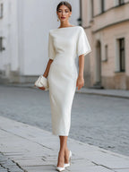Solid Color Short-sleeved Fitted Waist Midi Dress