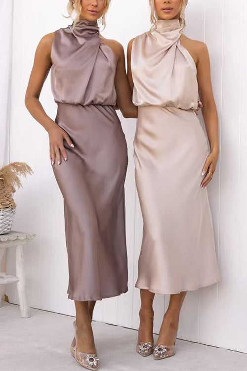 High Neck Zipper Back Waisted Satin Midi Dress