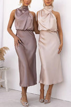 High Neck Zipper Back Waisted Satin Midi Dress