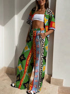 Printed Vacation Long-sleeved Shirt Pants Wide Leg Set 2-piece Sets