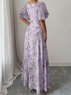 Floral Lotus Leaf Sleeves Sweetheart Collar Vacation And Leisure Maxi Dresses