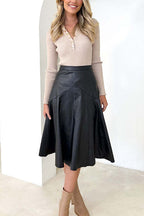 High Waist Faux Leather A-line Flare Midi Skirt
