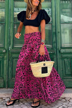 Smocked Waist Printed Maxi Ruffle Swing Skirt