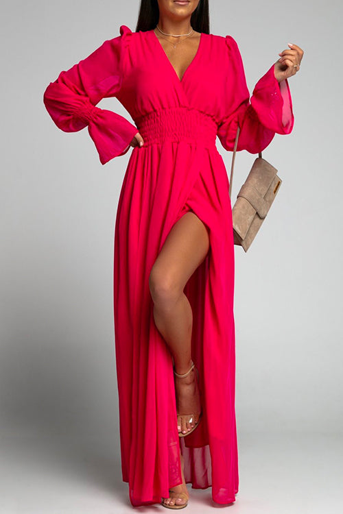 V Neck Long Sleeve Smocked Waist Maxi Slit Dress