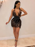 Sequined Two-piece Spliced Sexy Backless Nightclub Tie-up Dress
