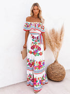 Off-the-shoulder Red Floral Print Maxi Dress