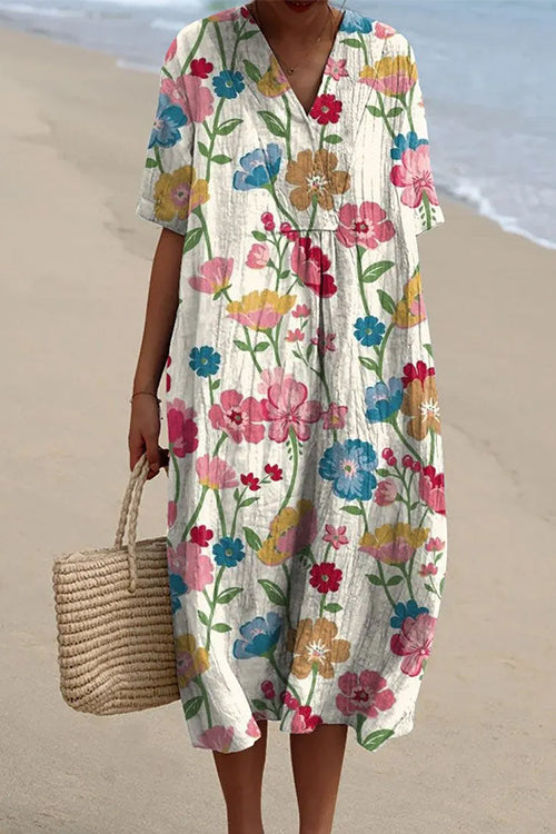 V Neck Short Sleeves Floral Print Loose Midi Vacation Dress